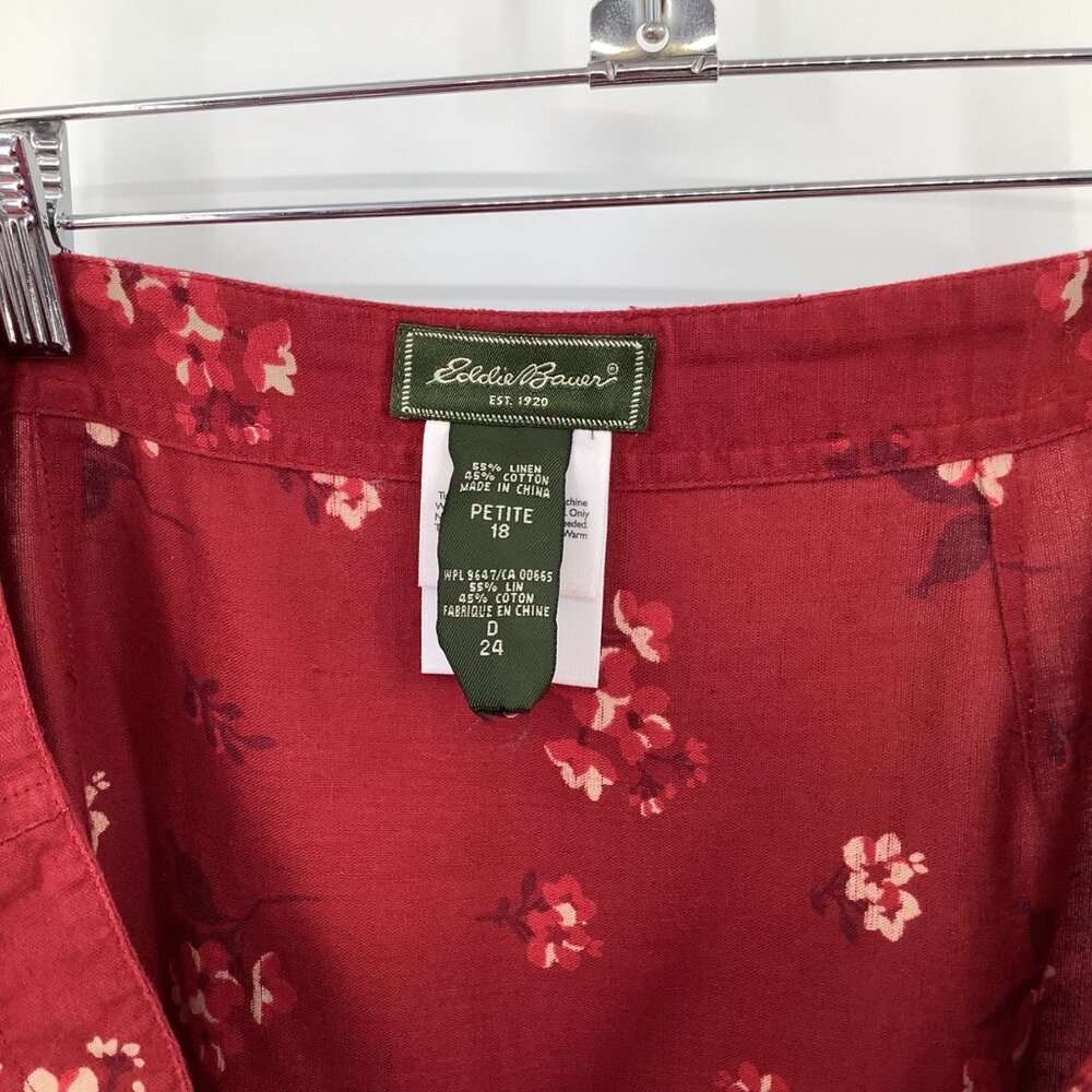 Eddie Bauer Red Floral Wrap Skirt Petite 18 Button Closure 100% Linen Vintage Y2 - Picture 4 of 5